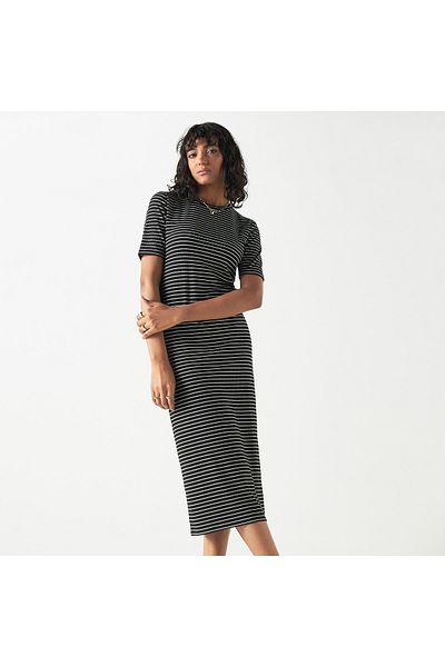 FAV Striped Midi Bodycon Dress with Short Sleeves and Slit
