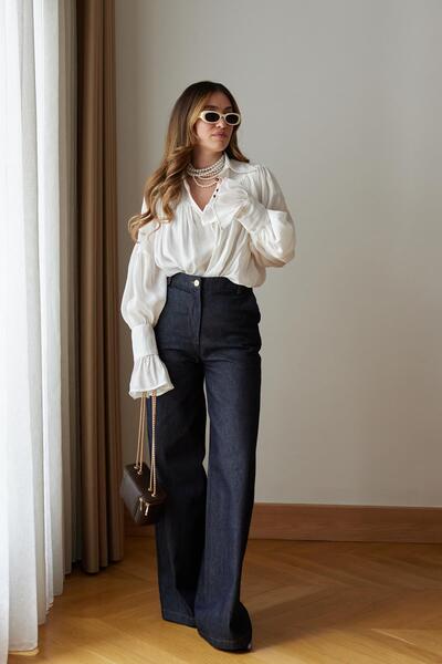 Askı Nişantaşı Navy Blue Gold Stitching Detailed Extra Loose Leg High Waist Jean Trousers