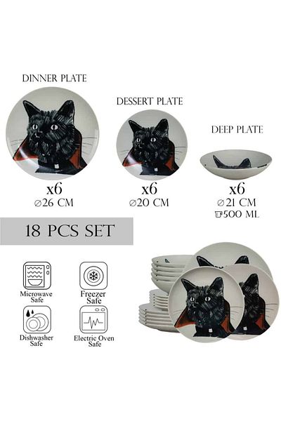 Cesiro 18-piece plate set, for 6 people, Dracula Cat, Cesiro, Ivoire with the Cat