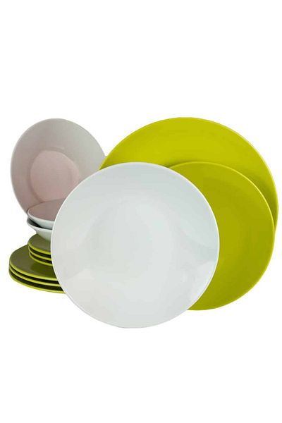 Cesiro 12-piece plate set, for 4 people, Lily, Cesiro, White/Lime Green