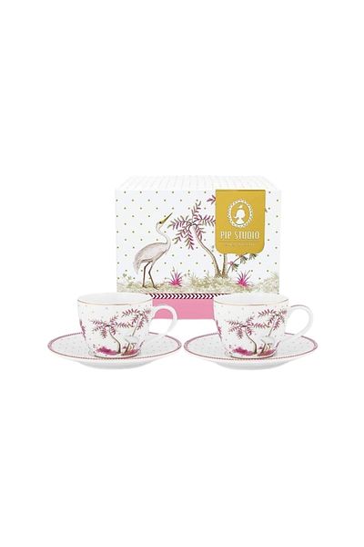Pip Studio Set 2 căni cu farfurioare, din porțelan, Pip Studio, Dots Gold Pink, 120 ml, colecția Jolie