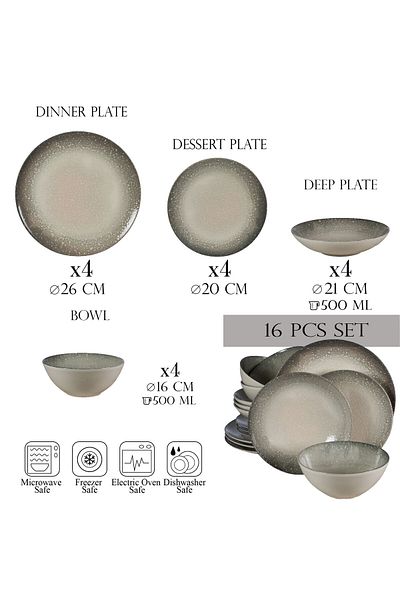 Cesiro 16-piece plate set, for 4 people, Stone, Cesiro, Ivoire White with Gray