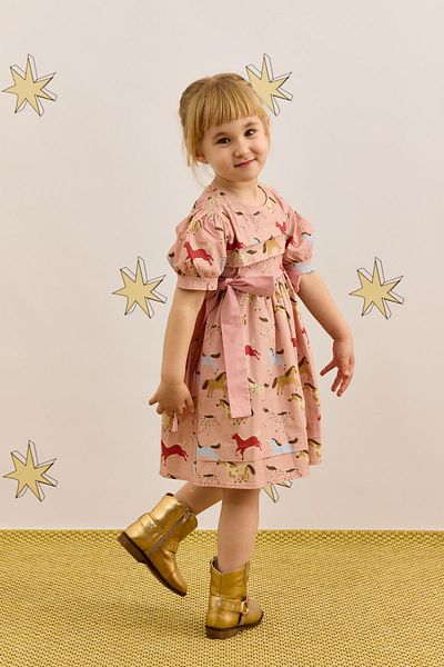 Fahhar Kids Horse Pattern Ribbed Tie Dress