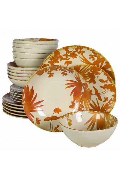 Cesiro 24-piece plate set, for 6 people, Hawaii, Cesiro, Ivory White with orange leaves