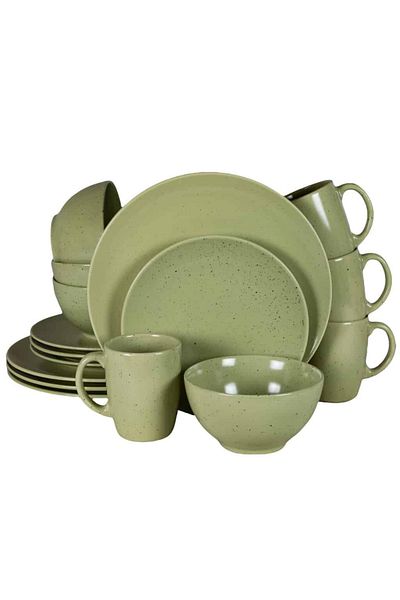 Cesiro 16-piece plate set, for 4 people, Sage, Cesiro, Sage Green Matt with black dots