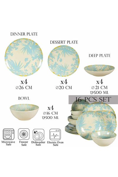 Cesiro 16-piece plate set, for 4 people, Hawaii, Cesiro, Ivory White with light blue leaves