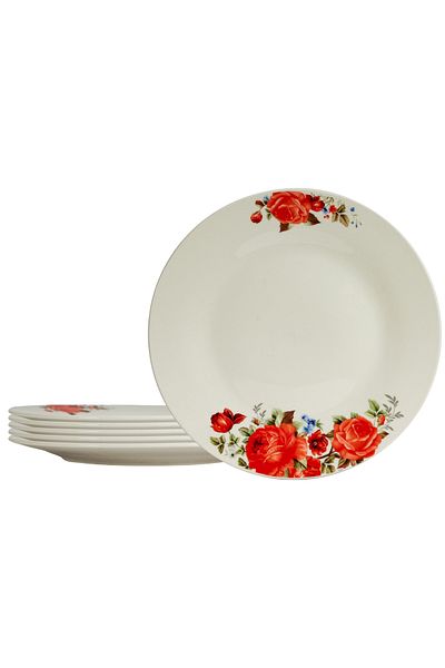 Cesiro Set of 6 dinner plates 23 cm, for 6 people, Ivoire with red rose