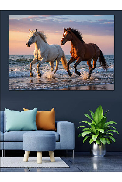 Tablo Mega Kumsalda Koşan Atlar Dekoratif Kanvas - Mdf Ahşap Tablo