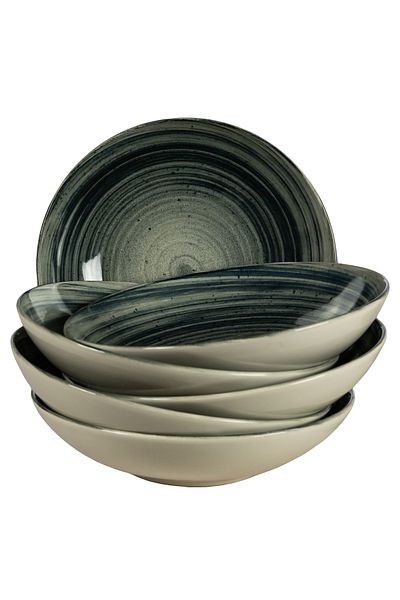 Cesiro Set of 6 deep plates, 21 cm, Whirlwind, Cesiro, Made in Romania, Ivory White with Black