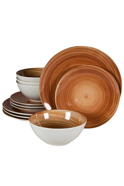 Cesiro 12-piece plate set, for 4 people, Earth, Cesiro, Glossy Ivoire White with Brown