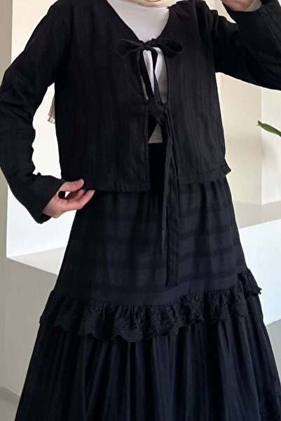 benguen Black Suit Embroidered Tied Skirt 3012