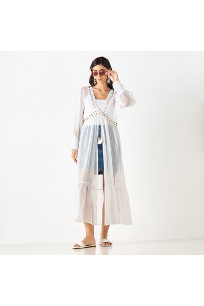 FAV Embellished Longline Shrug with Tie-Ups and Bishop Sleeves