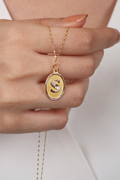 DİAMİNE PIRLANTA 14 Ayar Altın S Harf Oval Nostajık Plaka Kolye Sevgililer Gü...