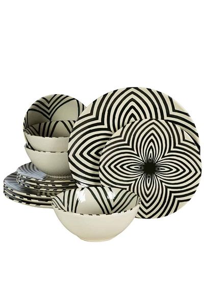 Cesiro 12-piece plate set, for 4 people, Hypnosis, Cesiro, Ivory white decorated with black lines
