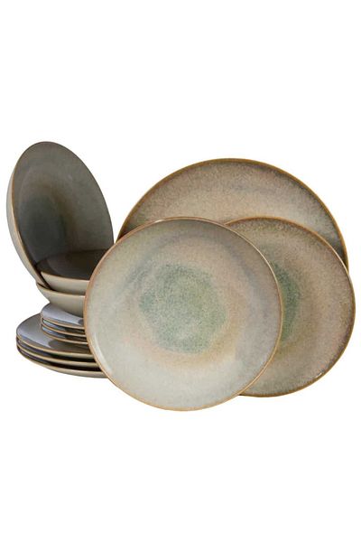 Cesiro 12-piece plate set, for 4 people, Shell, Cesiro, Light cream with brown rim