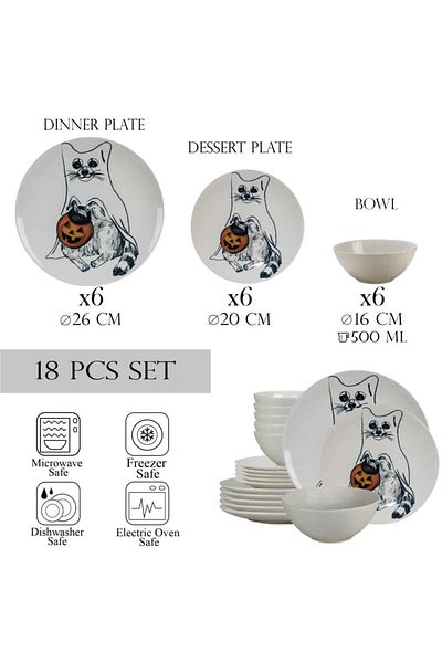 Cesiro 18-piece plate set, for 6 people, Pumpkin Cat, Cesiro, Ivory White with Cat