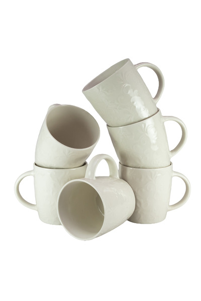 Cesiro Set 6 căni alb cremos decorate in relief, Cesiro