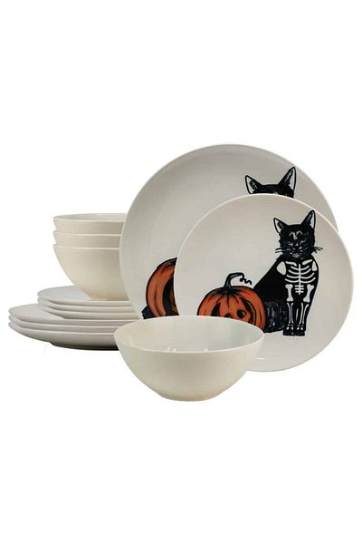 Cesiro 12-piece plate set, for 4 people, Skeleton Kitty, Cesiro, Ivory White with Cat