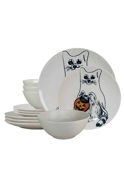 Cesiro 12-piece plate set, for 4 people, Pumpkin Cat, Cesiro, Ivory White with Cat