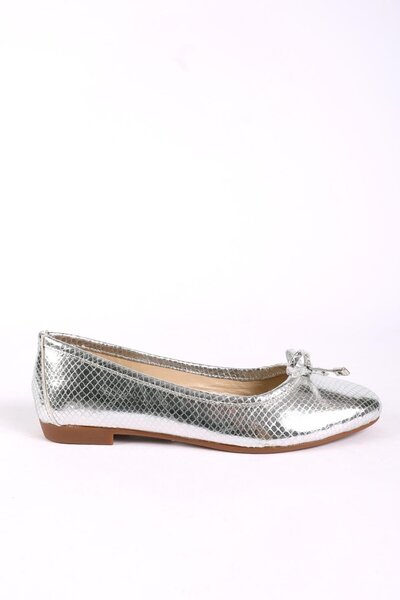 Hayati Arman Women's Genuine Leather Crocodile Patterned Ballerina Shoes Snake Silver