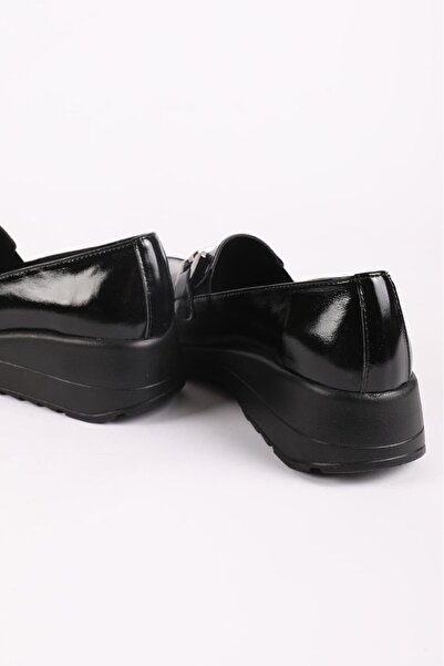 Hayati Arman Women's Genuine Leather Buckle Detailed Comfort Shoes Black Patent Leather