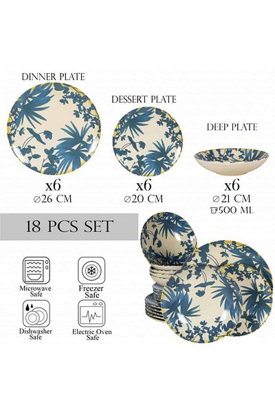 Cesiro 18-piece plate set, for 6 people, Hawaii, Cesiro, Ivory white with dark blue leaves