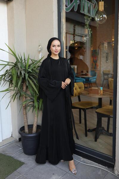 H HİJAB CENTER Siyah Fırfırlı Ikili Takım Abaya 5038