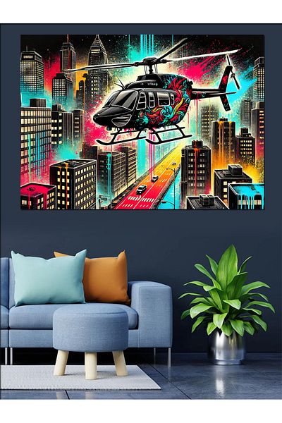 Tablomega Elicopter în orașul neon Pânză decorativă - Lemn MDF