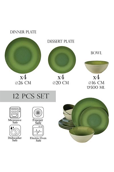 Cesiro 12-piece plate set, for 4 people, Kiwi, Cesiro, Glossy Ivoire White with Green
