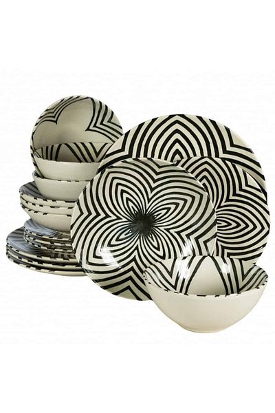 Cesiro 16-piece plate set, for 4 people, Hypnosis, Cesiro, Ivory white with black lines