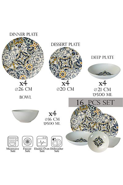 Cesiro 16-piece plate set, 4 people-Ensemble Mosaico Lussuoso - Italian Porcelain Dinnerware Set