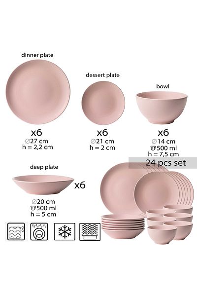 Cesiro 24-piece plate set, for 6 people, Milkshake, Cesiro, Matte Pink