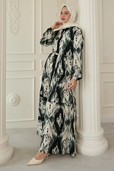 InStyle Ethnic Pattern Khaki Viscose Dress with Punt on the Front