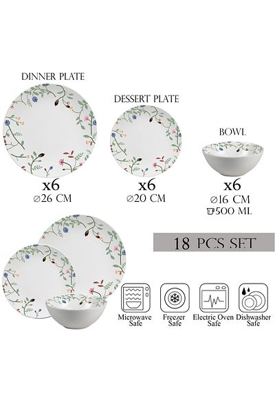 Cesiro 18-piece plate set, 6 people, bowl set - Insieme Fiori Eleganti - Italian Porcelain Dinnerware Set
