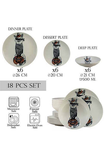 Cesiro 18-piece plate set, for 6 people, Robber Cat, Cesiro, Ivoire with Cat