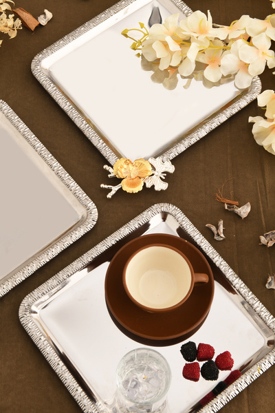 AKSESUAR EVRENİ Sento Stainless Square Patterned Branched Stone Detailed Presentation Tray Silver Set of 3