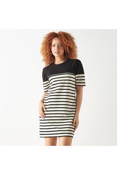 FAV Striped Mini Dress with Round Neck and Short Sleeves