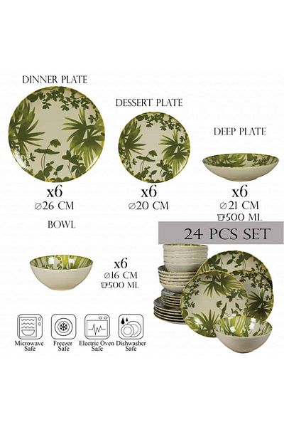 Cesiro 24-piece plate set, for 4 people, Hawaii, Cesiro, Ivory white with green leaves