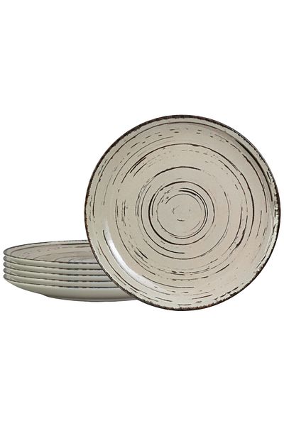 Cesiro Set of 6 wide plates, 26 cm, Stone, Cesiro, Made in Romania, Ivoire white with brown lines