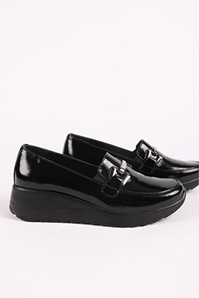 Hayati Arman Women's Genuine Leather Buckle Detailed Comfort Shoes Black Patent Leather