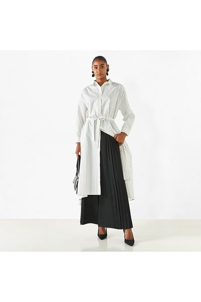 FAV Striped High Low Shirt Dress with Long Sleeves and Tie-Up Belt