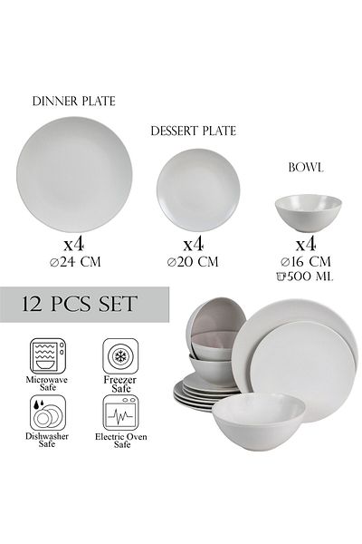 Cesiro 12-piece plate set, for 4 people, Snow, Cesiro, Arctic White Mat