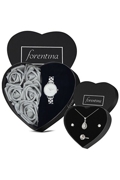 Forentina Gri Güllü Kutuda Gri Metal Kol Saati-Gümüş Kaplama Kolye Küpe Yüzük...