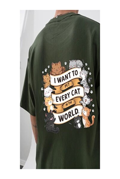 Minga London Μπλουζάκι Khaki Cat Lovers Sweety μπροστά/πίσω με στάμπα Oversize -Mingalondon
