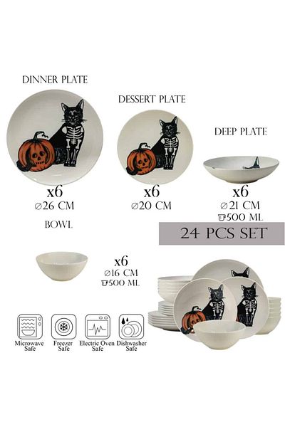 Cesiro 24-piece plate set, for 6 people, Skeleton Kitty, Cesiro, Ivoire with Cat