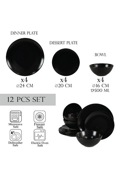 Cesiro 12-piece plate set, for 4 people, Abyss, Cesiro, Matte Abyss Black