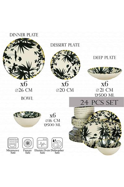 Cesiro 24-piece plate set, for 6 people, Hawaii, Cesiro, Ivory White with black leaves