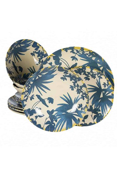 Cesiro 12-piece plate set, for 4 people, Hawaii, Cesiro, Ivory White with dark blue leaves