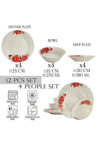 Cesiro 12-piece plate set, for 4 people, Cesiro, Ivoire with red rose