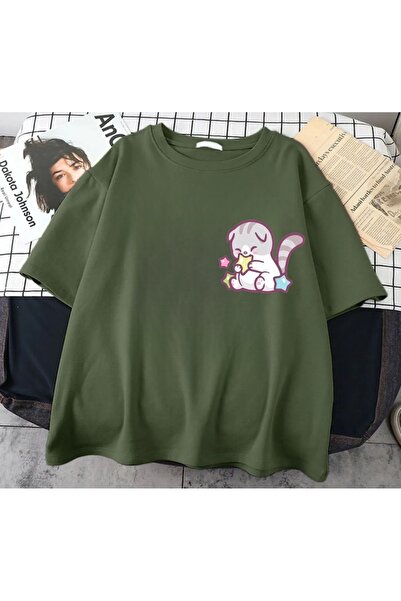 Minga London Μπλουζάκι Khaki Bright Eyed Cat με στάμπα μπροστά/πίσω Oversize -Mingalondon